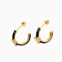 Enamel & Zircon,Handmade Polished  Half Hoop  PVD Vacuum plating gold  Black  Stainless Steel Earrings  E:18mm W:7mm  GEE000220bhia-066