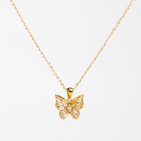 Zircon,Handmade Polished  Butterfly  PVD Vacuum plating gold  White  Stainless Steel Necklace  P:16x17mm N:400x1.5mm  GEN000268vhkb-066