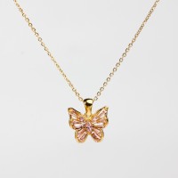 Zircon,Handmade Polished  Butterfly  PVD Vacuum plating gold  Pink  Stainless Steel Necklace  P:16x17mm N:400x1.5mm  GEN000269vhkb-066