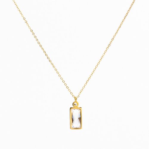 Zircon,Handmade Polished  Rectangle  PVD Vacuum plating gold  White  Stainless Steel Necklace  P:15x8mm N:400x1.5mm  GEN000272bhva-066