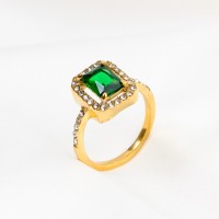 Czech Stones & Zircon,Handmade Polished  Rectangle  PVD Vacuum plating gold  Green  Stainless Steel Ring  R:13x11mm  GER000349ahjb-066