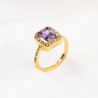 Czech Stones & Zircon,Handmade Polished  Rectangle  PVD Vacuum plating gold  Purple  Stainless Steel Ring  R:13x11mm  GER000350ahjb-066