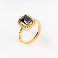 Czech Stones & Zircon,Handmade Polished  Rectangle  PVD Vacuum plating gold  Black  Stainless Steel Ring  R:13x11mm  GER000351ahjb-066