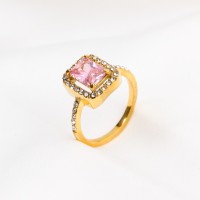 Czech Stones & Zircon,Handmade Polished  Rectangle  PVD Vacuum plating gold  Pink  Stainless Steel Ring  R:13x11mm  GER000352ahjb-066