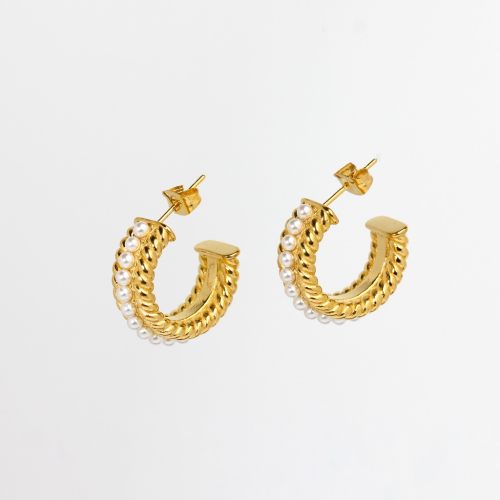 Plastic Imitation Pearls,Handmade Polished  Half Hoop  PVD Vacuum plating gold  Stainless Steel Earrings  WT:12.7g  E:23mm  GEE000275bhia-066