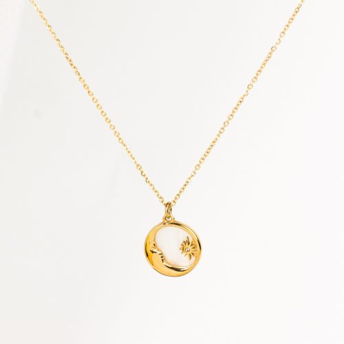 Czech Stones & Shell,Handmade Polished  Round,Moon,Star  PVD Vacuum plating gold  Stainless Steel Necklace  WT:4.2g  P:17mm N:400x1.5mm  GEN000350bhia-066