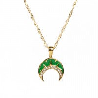 Czech Stones & Enamel,Handmade Polished  Arch Half Moon  PVD Vacuum plating gold  Stainless Steel Necklace  WT:4.3g  P:16x17mm N:400x2mm  GEN000404vhha-066