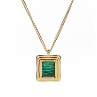 Malachite,Handmade Polished  Rectangle  PVD Vacuum plating gold  Stainless Steel Necklace  WT:9.4g  P:19x17mm N:400x2mm  GEN000413bhia-066