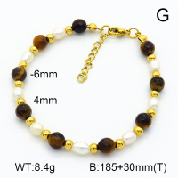 Tiger Eye & Cultured Freshwater Pearls  Stainless Steel Bracelet  7B4000187ahjb-908