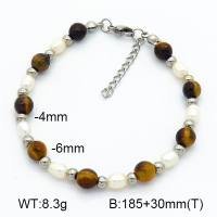 Tiger Eye & Cultured Freshwater Pearls  Stainless Steel Bracelet  7B4000188bhia-908