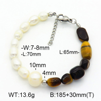 Tiger Eye & Cultured Freshwater Pearls  Stainless Steel Bracelet  7B4000200ahjb-908