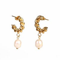 Cultured Freshwater Pearls,Handmade Polished  Twisted Half Hoop  PVD Vacuum Plating Gold  Stainless Steel Earrings  WT:10.7g  E:20mm  GEE000324bhia-066