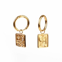 Czech Stones,Handmade Polished  Rectangle,Moon,Stars  PVD Vacuum Plating Gold  Stainless Steel Earrings  WT:2.2g  E:11x9mm D:13mm  GEE000325bhia-066