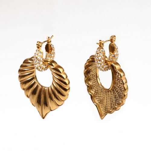 Czech Stones,Handmade Polished  Leaves  PVD Vacuum Plating Gold  Stainless Steel Earrings  WT:17.8g  E:36x31mm  GEE000338bika-066