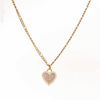 Shell & Czech Stones & Plastic Imitation Pearls,Handmade Polished  Heart-Shaped  PVD Vacuum Plating Gold  Stainless Steel Necklace  WT:7.9g  P:20x17mm  N:400x3mm  GEN000437vhmv-066