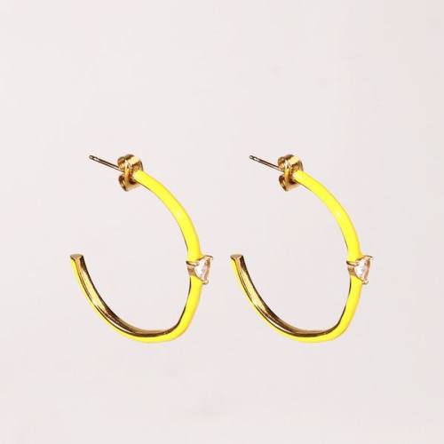 Stainless Steel Earrings  Zircon & Enamel,Handmade Polished  Half Hoop  PVD Vacuum plating gold  E:30mm  GEE000420vhkb-066