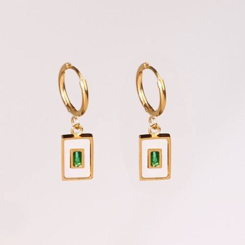 Stainless Steel Earrings  Zircon & Shell,Handmade Polished  Rectangle  PVD Vacuum Plating Gold  E:12x8mm  GEE000426vhkb-066