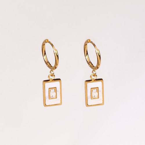 Stainless Steel Earrings  Zircon & Shell,Handmade Polished  Rectangle  PVD Vacuum Plating Gold  E:12x8mm  GEE000427vhkb-066