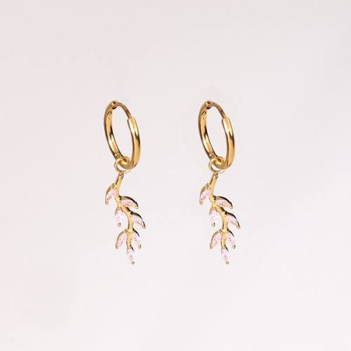 Stainless Steel Earrings  Zircon,Handmade Polished  Leaf  PVD Vacuum Plating Gold  E:19x7mm  GEE000430vhkb-066