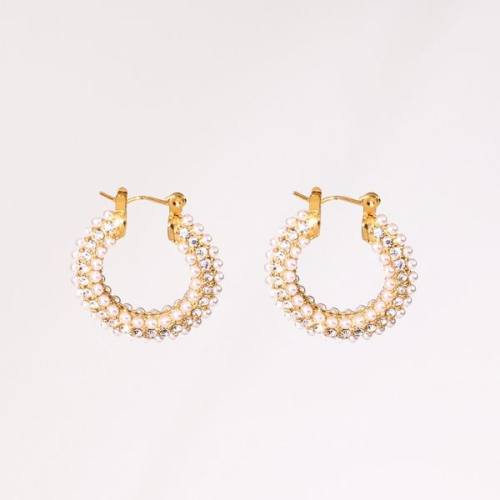 Stainless Steel Earrings  Czech Stones & Plastic Imitation Pearls,Handmade Polished  Hoop  PVD Vacuum plating gold  E:25mm  GEE000439vhov-066
