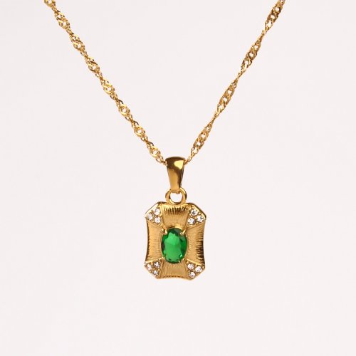 Stainless Steel Necklace  Zircon & Czech Stones,Handmade Polished  Rectangle  PVD Vacuum Plating Gold  Weight:3.8g  P:16x12mm N:400x2mm  GEN000501bhia-066