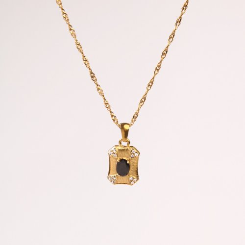 Stainless Steel Necklace  Zircon & Czech Stones,Handmade Polished  Rectangle  PVD Vacuum Plating Gold  Weight:3.8g  P:16x12mm N:400x2mm  GEN000517bhia-066