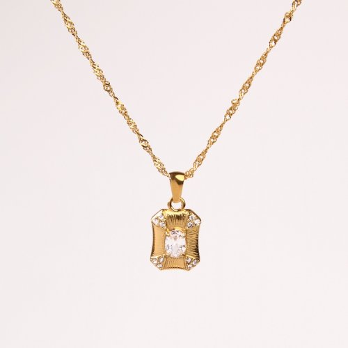 Stainless Steel Necklace  Zircon & Czech Stones,Handmade Polished  Rectangle  PVD Vacuum Plating Gold  Weight:3.8g  P:16x12mm N:400x2mm  GEN000519bhia-066