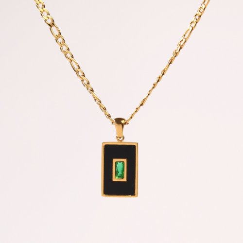 Stainless Steel Necklace  Zircon & Acrylic,Handmade Polished  Rectangle  PVD Vacuum Plating Gold  Weight:8.7g  P:20x13mm N:450x3mm  GEN000520ahlv-066
