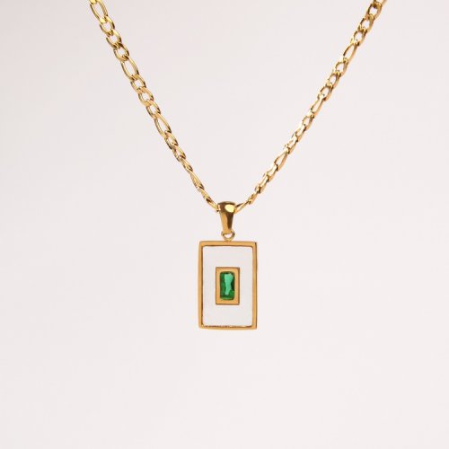 Stainless Steel Necklace  Zircon & Shell,Handmade Polished  Rectangle  PVD Vacuum Plating Gold  Weight:8.7g  P:20x13mm N:450x3mm  GEN000523ahlv-066