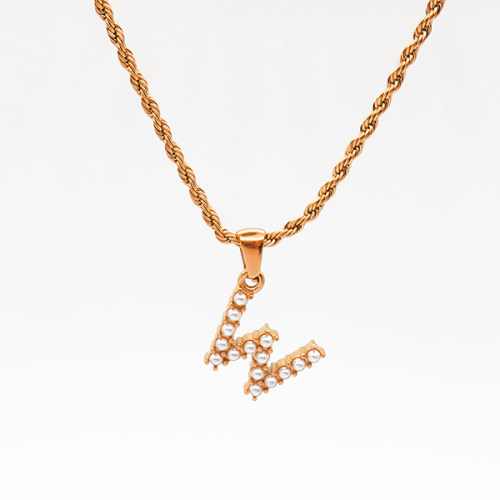 Stainless Steel Necklace  Plastic Imitation Pearls,Handmade Polished  Letter W  PVD Vacuum Plating Gold  Weight:6.8g  P:12x16mm N:420x2mm  GEN000556bhia-066