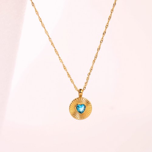Stainless Steel Necklace  Zircon,Handmade Polished  Round,Heart  PVD Vacuum Plating Gold  Weight:6.2g  P:18mm N:420x2mm+50mm(T)  GEN000615bhia-066