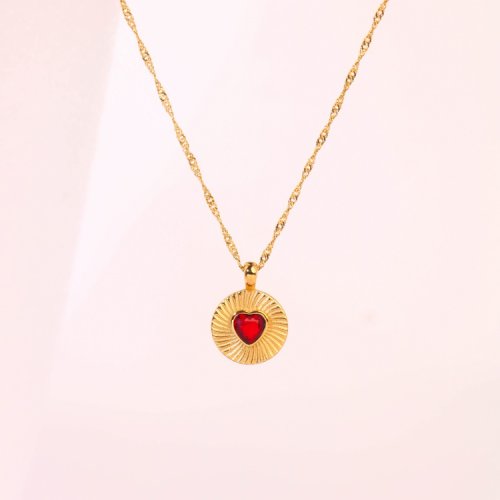 Stainless Steel Necklace  Zircon,Handmade Polished  Round,Heart  PVD Vacuum Plating Gold  Weight:6.2g  P:18mm N:420x2mm+50mm(T)  GEN000616bhia-066