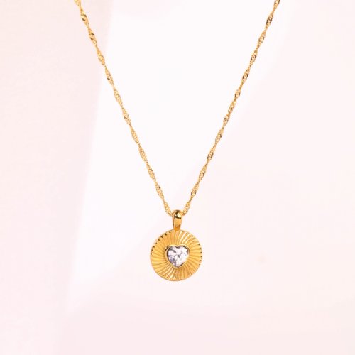 Stainless Steel Necklace  Zircon,Handmade Polished  Round,Heart  PVD Vacuum Plating Gold  Weight:6.2g  P:18mm N:420x2mm+50mm(T)  GEN000617bhia-066