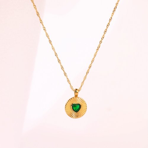 Stainless Steel Necklace  Zircon,Handmade Polished  Round,Heart  PVD Vacuum Plating Gold  Weight:6.2g  P:18mm N:420x2mm+50mm(T)  GEN000618bhia-066
