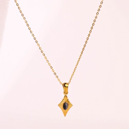 Stainless Steel Necklace  Cat Eye Stones,Handmade Polished  Rhomboid  PVD Vacuum Plating Gold  Weight:3.1g  P:17x10mm N:400x1.5mm+50mm(T)  GEN000624bhva-066