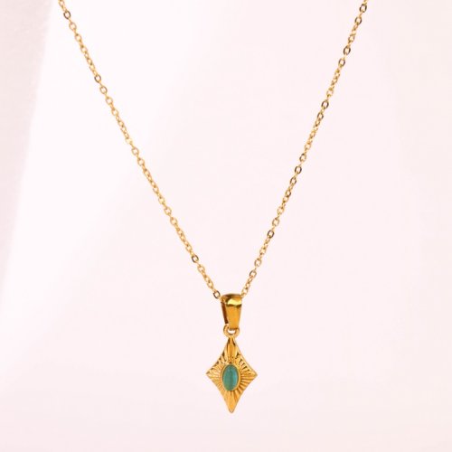 Stainless Steel Necklace  Cat Eye Stones,Handmade Polished  Rhomboid  PVD Vacuum Plating Gold  Weight:3.1g  P:17x10mm N:400x1.5mm+50mm(T)  GEN000625bhva-066
