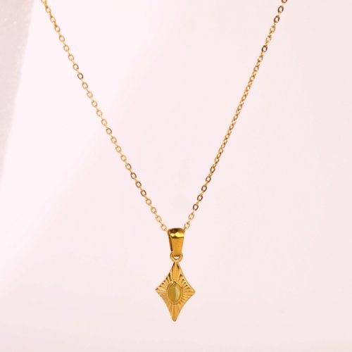Stainless Steel Necklace  Cat Eye Stones,Handmade Polished  Rhomboid  PVD Vacuum Plating Gold  Weight:3.1g  P:17x10mm N:400x1.5mm+50mm(T)  GEN000626bhva-066