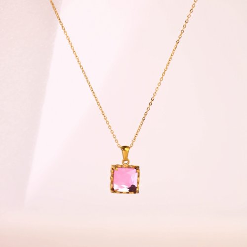 Stainless Steel Necklace  Zircon,Handmade Polished  Square  PVD Vacuum Plating Gold  Weight:6.6g  P:14mm N:400x1.5mm+50mm(T)  GEN000627bhia-066