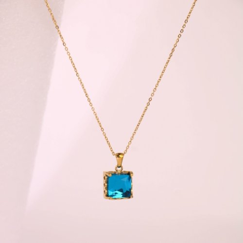 Stainless Steel Necklace  Zircon,Handmade Polished  Square  PVD Vacuum Plating Gold  Weight:6.6g  P:14mm N:400x1.5mm+50mm(T)  GEN000628bhia-066