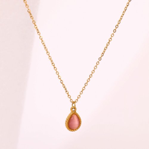 Stainless Steel Necklace  Cat Eye Stones,Handmade Polished  Water Droplets  PVD Vacuum Plating Gold  Weight:2.9g  P:11x9mm N:400x1.5mm+50mm(T)  GEN000633vbpb-066