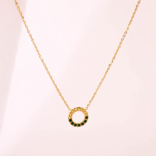 Stainless Steel Necklace  Czech Stones,Handmade Polished  Flat Hollow Round  PVD Vacuum Plating Gold  Weight:2.7g  P:12mm N:400x1.5mm+50mm(T)  GEN000641bhva-066