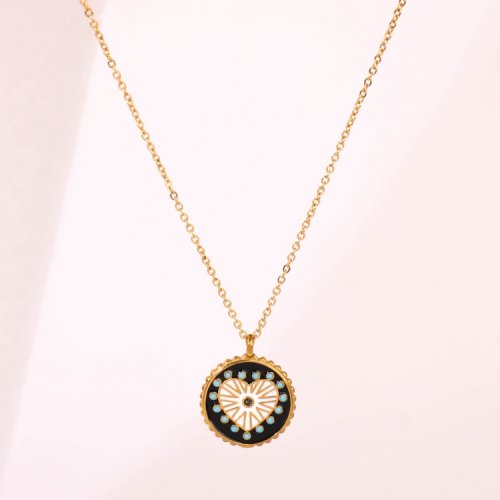 Stainless Steel Necklace  Enamel & Czech Stones,Handmade Polished  Round,Heart  PVD Vacuum Plating Gold  Weight:5.6g  P:18mm N:400x1.5mm+50mm(T)  GEN000649bhia-066