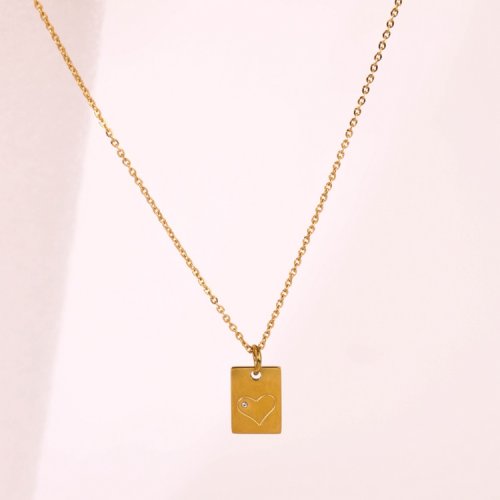Stainless Steel Necklace  Czech Stones,Handmade Polished  Rectangle  PVD Vacuum Plating Gold  Weight:3.3g  P:13x10mm N:400x1.5mm+50mm(T)  GEN000652bhva-066