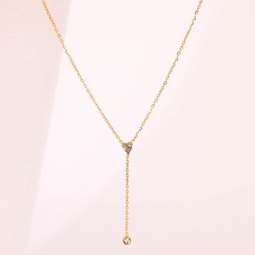 Stainless Steel Necklace  Zircon,Handmade Polished  Heart  PVD Vacuum Plating Gold  Weight:2.3g  P:5mm N:400x1.5mm+50mm(T)  GEN000654bhia-066