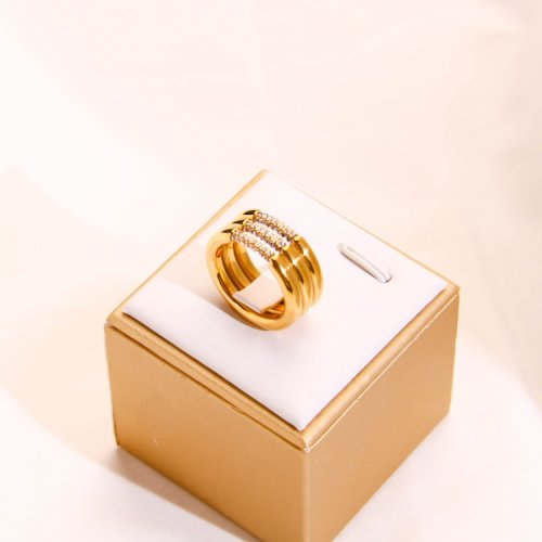 Stainless Steel Ring  Czech Stones,Handmade Polished  Three Bar  PVD Vacuum Plating Gold  Weight:11g  R:10mm  GER000437bhia-066