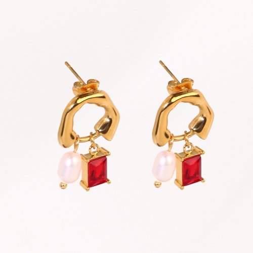 Stainless Steel Earrings  Cultured Freshwater Pearls & Zircon,Handmade Polished  U Shape  PVD Vacuum Plating Gold  Weight:7.5g  E:14x16mm  GEE000568vhmv-066