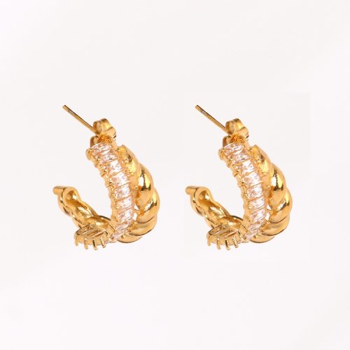 Stainless Steel Earrings  Zircon,Handmade Polished  Half Hoop  PVD Vacuum Plating Gold  Weight:7.9g  E:25x12mm  GEE000571vhkb-066