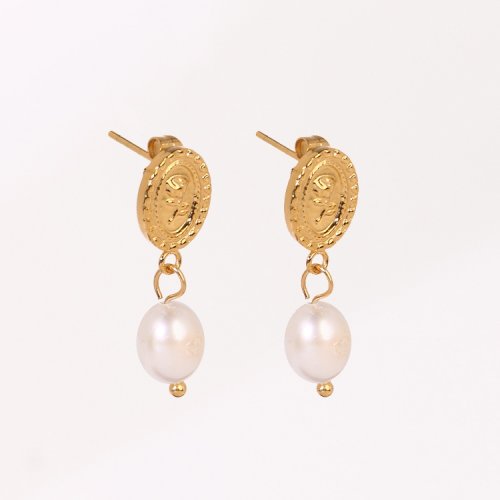 Stainless Steel Earrings  Cultured Freshwater Pearls,Handmade Polished  Oval,Flower  PVD Vacuum Plating Gold  Weight:3.6g  E:12x9mm  GEE000574bhia-066