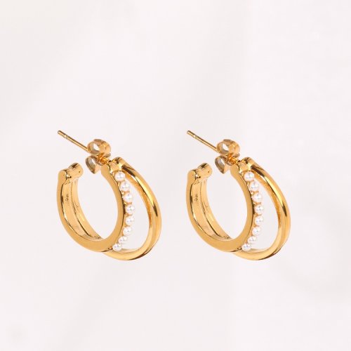 Stainless Steel Earrings  Plastic Imitation Pearls,Handmade Polished  Double Half Hoop  PVD Vacuum Plating Gold  Weight:6.1g  E:22mm  GEE000578bhia-066
