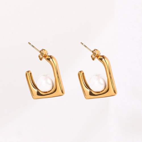 Stainless Steel Earrings  Shell Beads,Handmade Polished  U Shape  PVD Vacuum Plating Gold  Weight:9.1g  E:23x20mm  GEE000582bhia-066